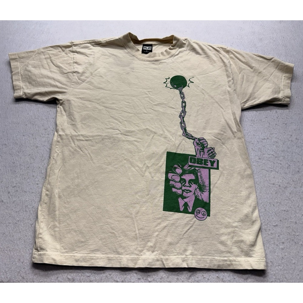 OBEY Men's T-Shirt Medium "Ride Or Die" Cream Graphic Tee Shepard Fairey